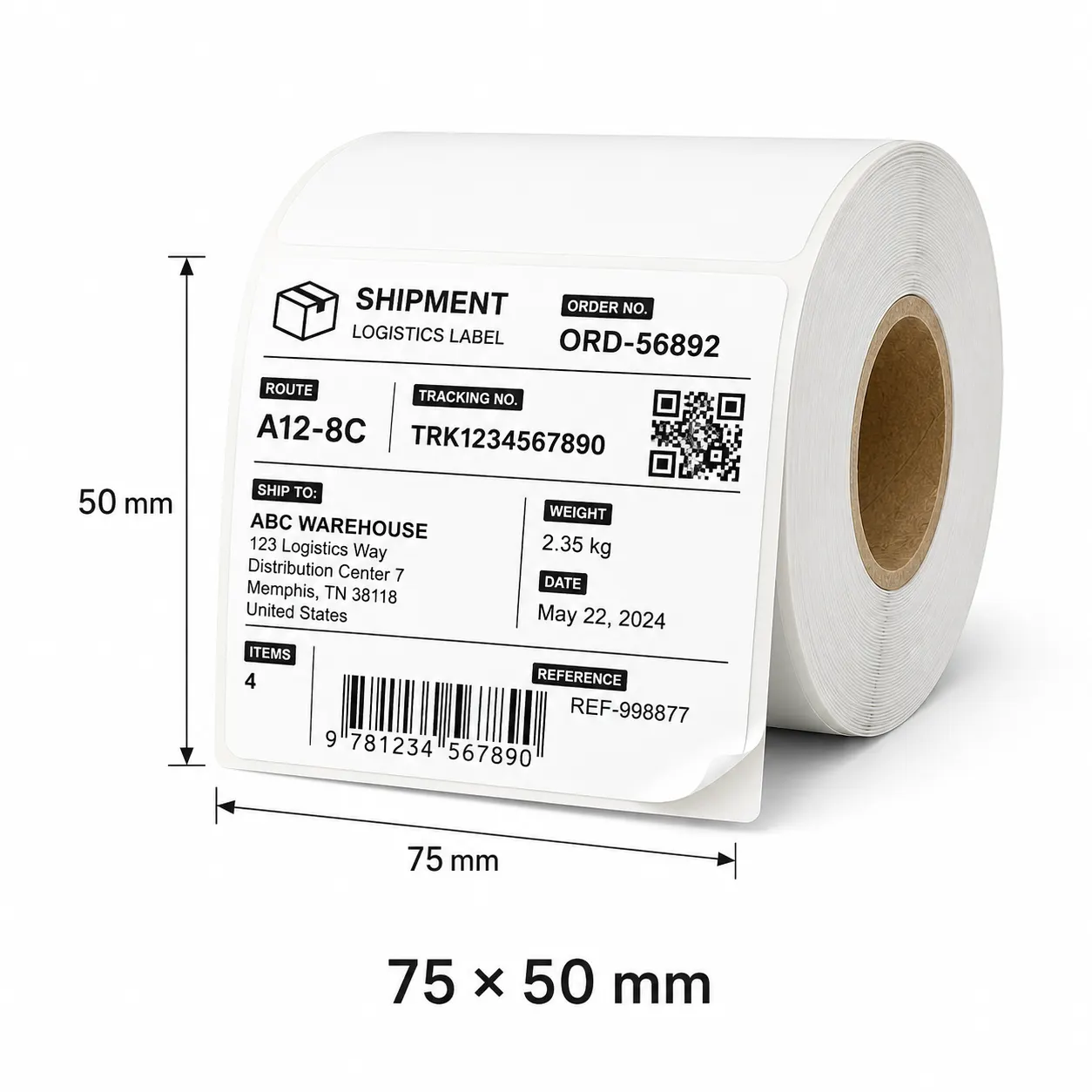 HY Paper 75 x 50 mm thermal label size diagram