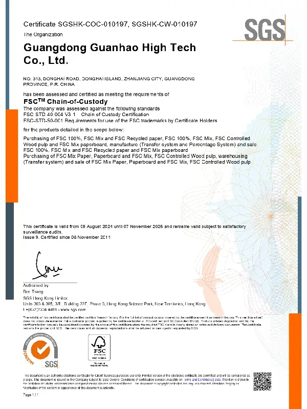 SGS certified FSC Chain of Custody compliance for HY Paper sustainable wood pulp and eco-friendly paperboard sourcing.