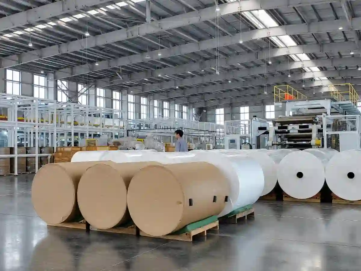 Label Material Factory Workshop Overview Wide view of a label material factory with roll materials and production equipment