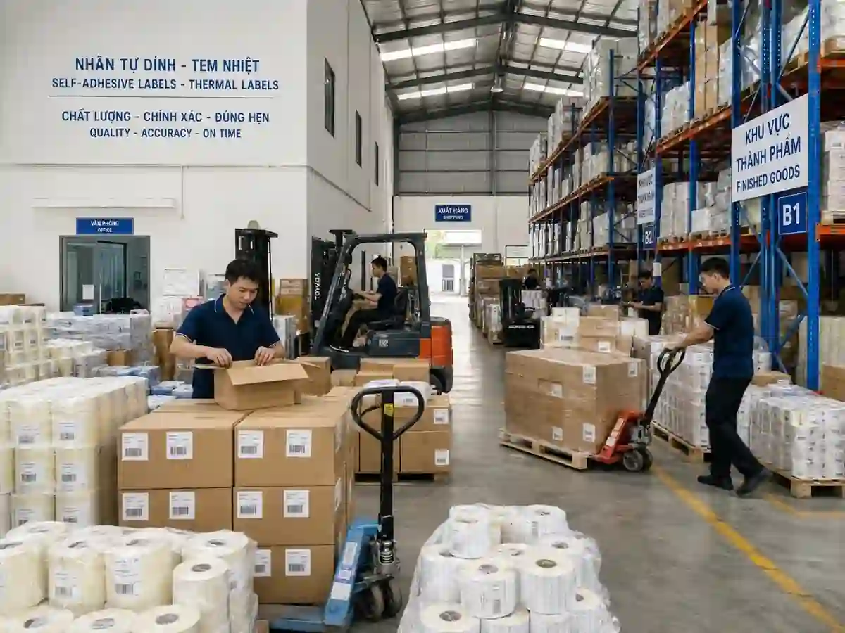 Vietnam Warehouse and Material Storage Warehouse staff handling cartons and label material inventory in Vietnam