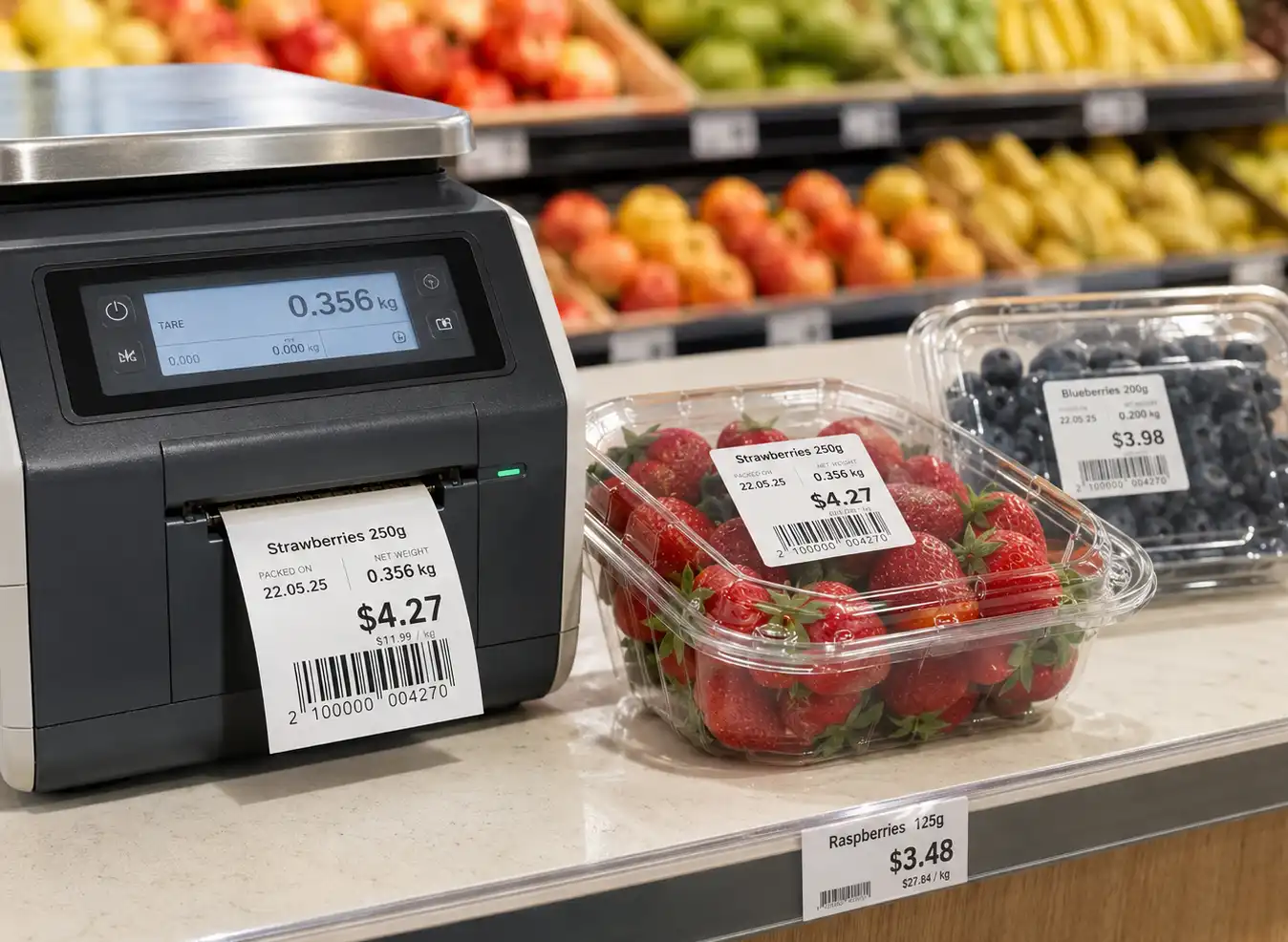 hy-paper-retail-supermarket-labels HY Paper retail weigh scale labels on fresh fruit produce trays