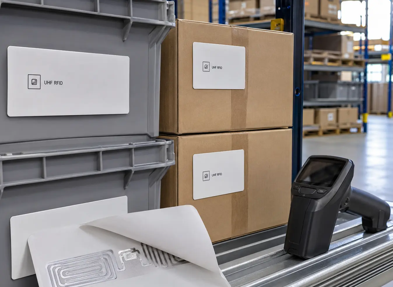 hy-paper-rfid-tracking-inventory-labels HY Paper smart UHF RFID tracking labels on warehouse plastic totes and boxes