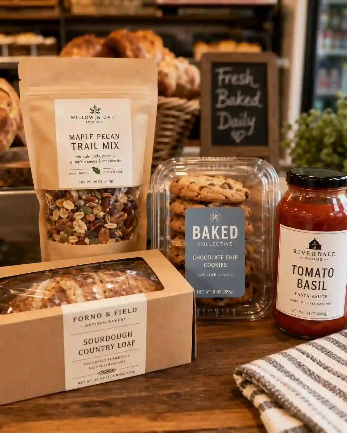 hypaper-bakery-pastry-container-sealing-labels Bakery cardboard boxes, plastic cookie containers, and sauce jars with Hy paper seal labels.