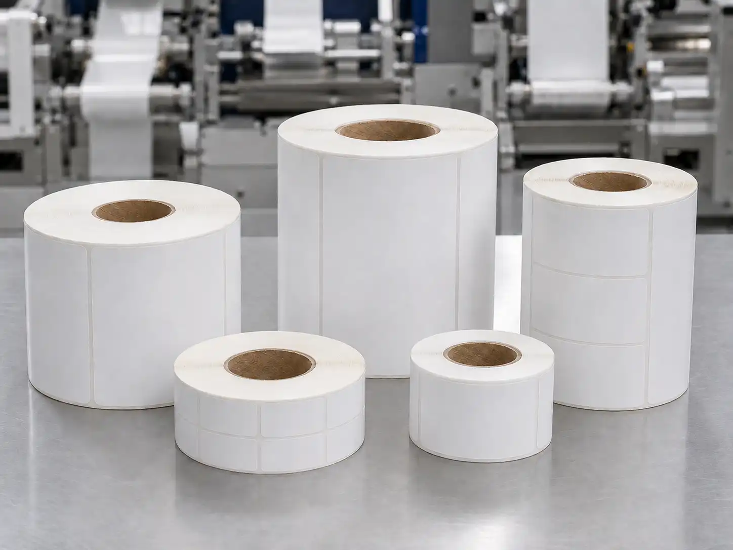 Assorted sizes of Hy paper blank direct thermal label rolls on a stainless steel table.