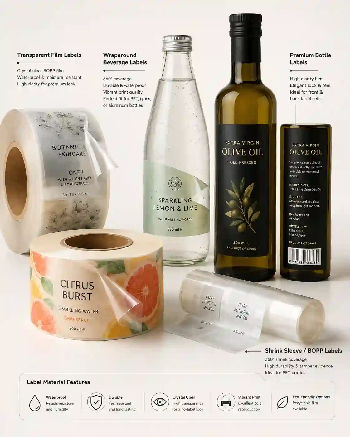 hypaper-clear-bopp-waterproof-bottle-beverage-labels Transparent BOPP label rolls applied on clear glass water and oil bottles by Hy paper.