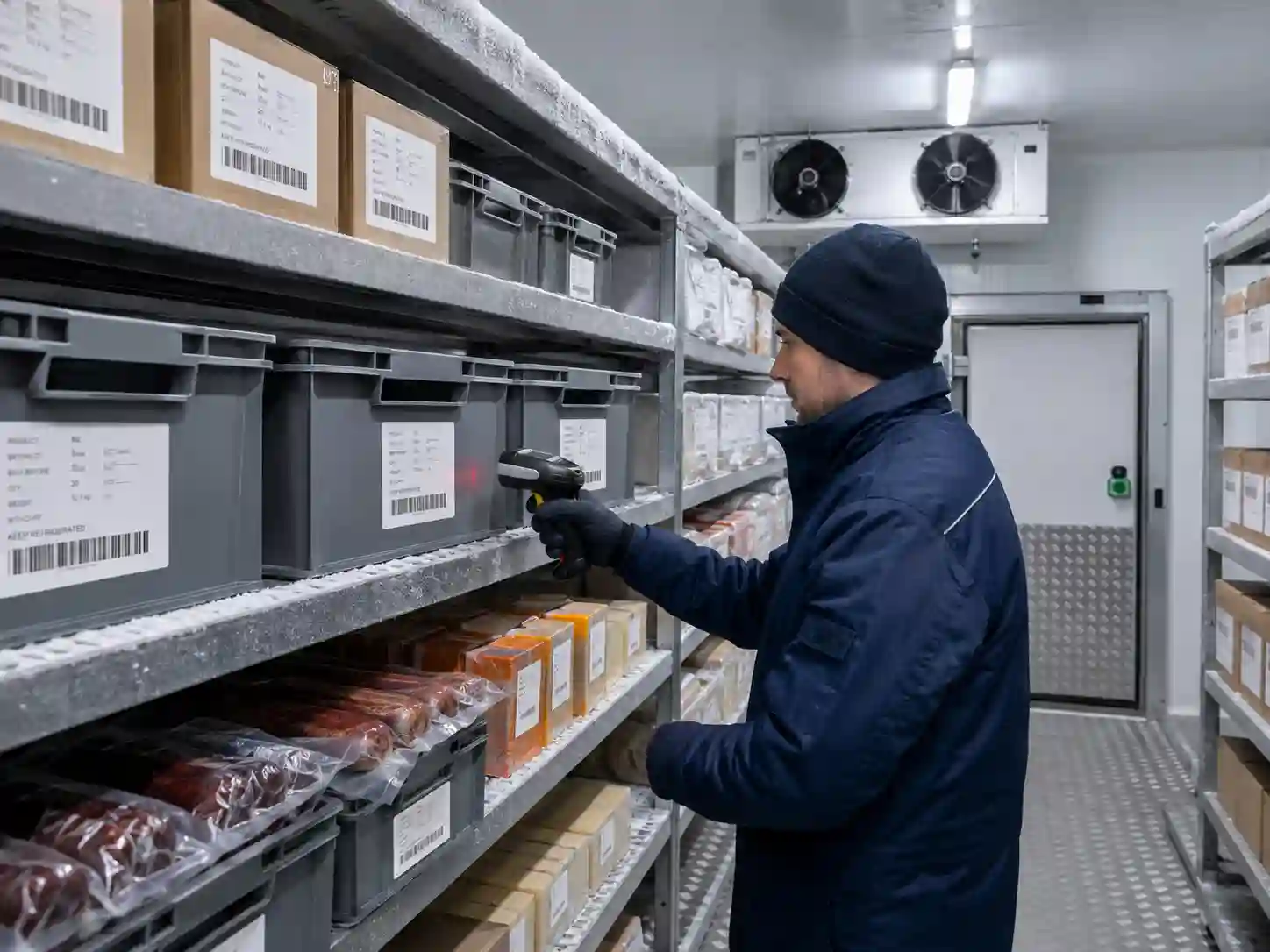 hypaper-cold-storage-warehouse-inventory-label-scanning Worker scanning Hy paper barcode labels in a walk-in cold storage warehouse.