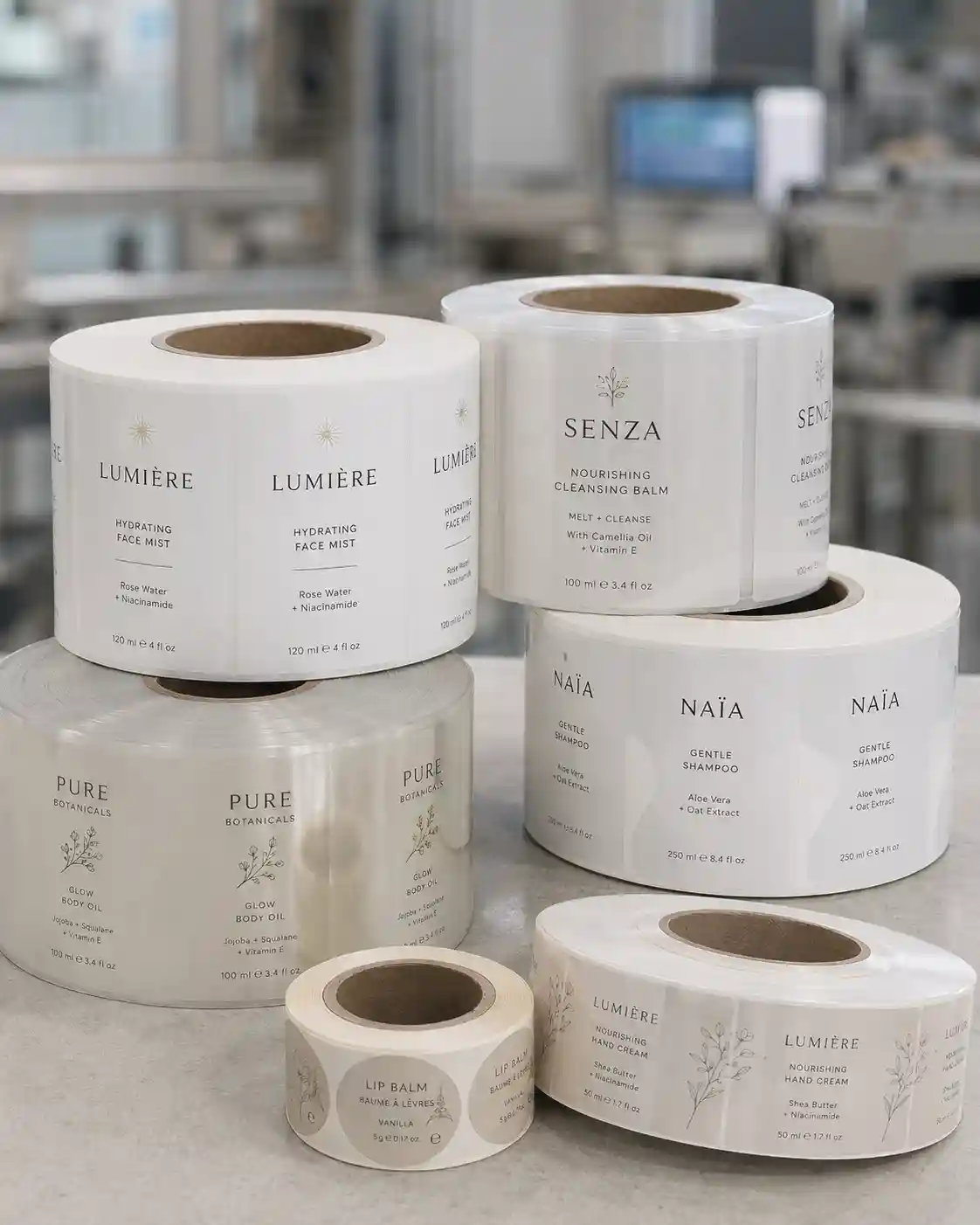 Stacked rolls of custom printed Hy paper cosmetic labels in various shapes and minimalist designs.