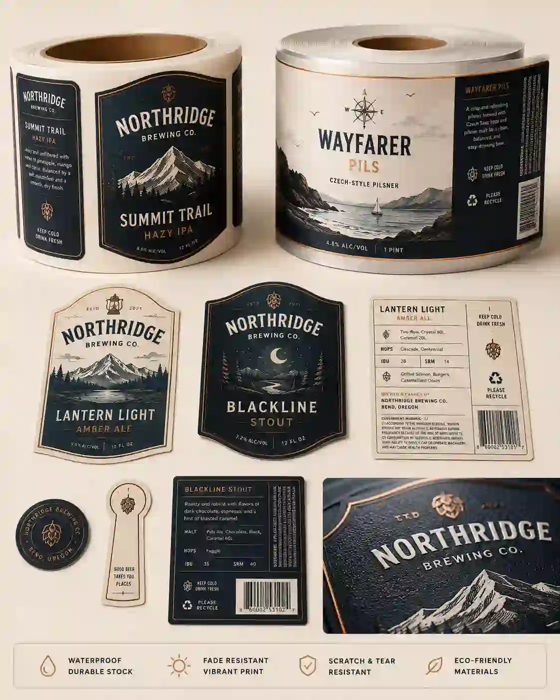 hypaper-custom-printed-liquor-beverage-label-rolls Collection of vintage-style Hy paper printed label rolls for craft beers and spirits.