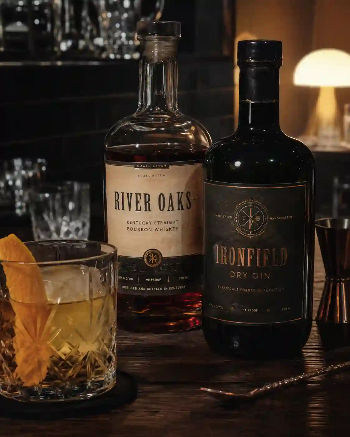 hypaper-dark-style-whiskey-liquor-bottle-labels Luxury liquor bottles with Hy paper dark vintage labels displayed in a bar environment.