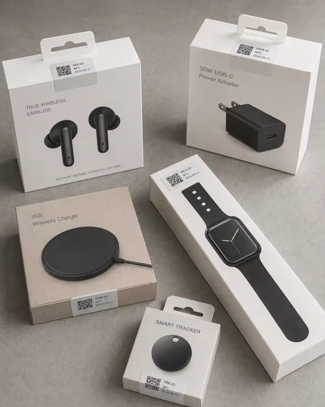 hypaper-electronics-packaging-serial-number-barcode-labels Consumer electronics packaging boxes for earphones, chargers, and smartwatches with Hy paper barcode stickers.
