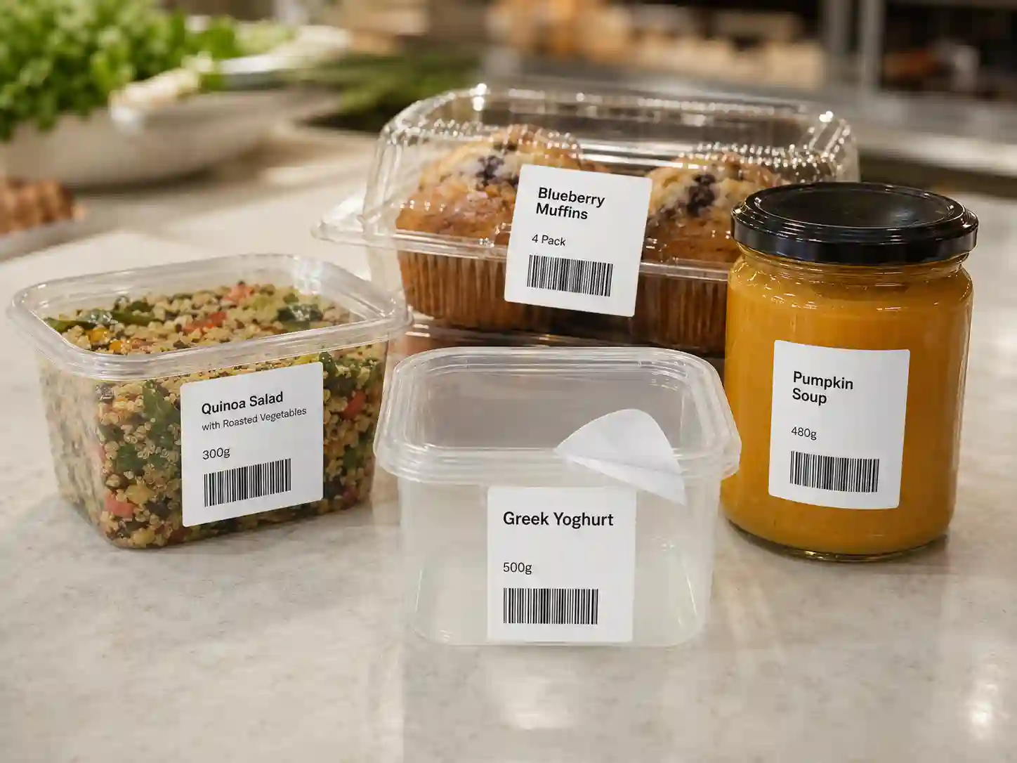 Clear food containers and glass jars with Hy paper food safety thermal labels.