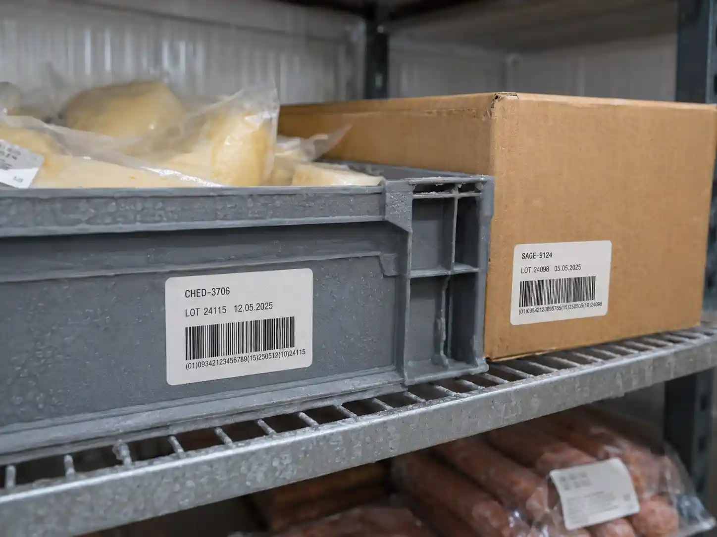 hypaper-freezer-grade-thermal-labels-cold-storage-crate-box Freezer-grade Hy paper thermal barcode labels on plastic crates and cartons inside cold storage.