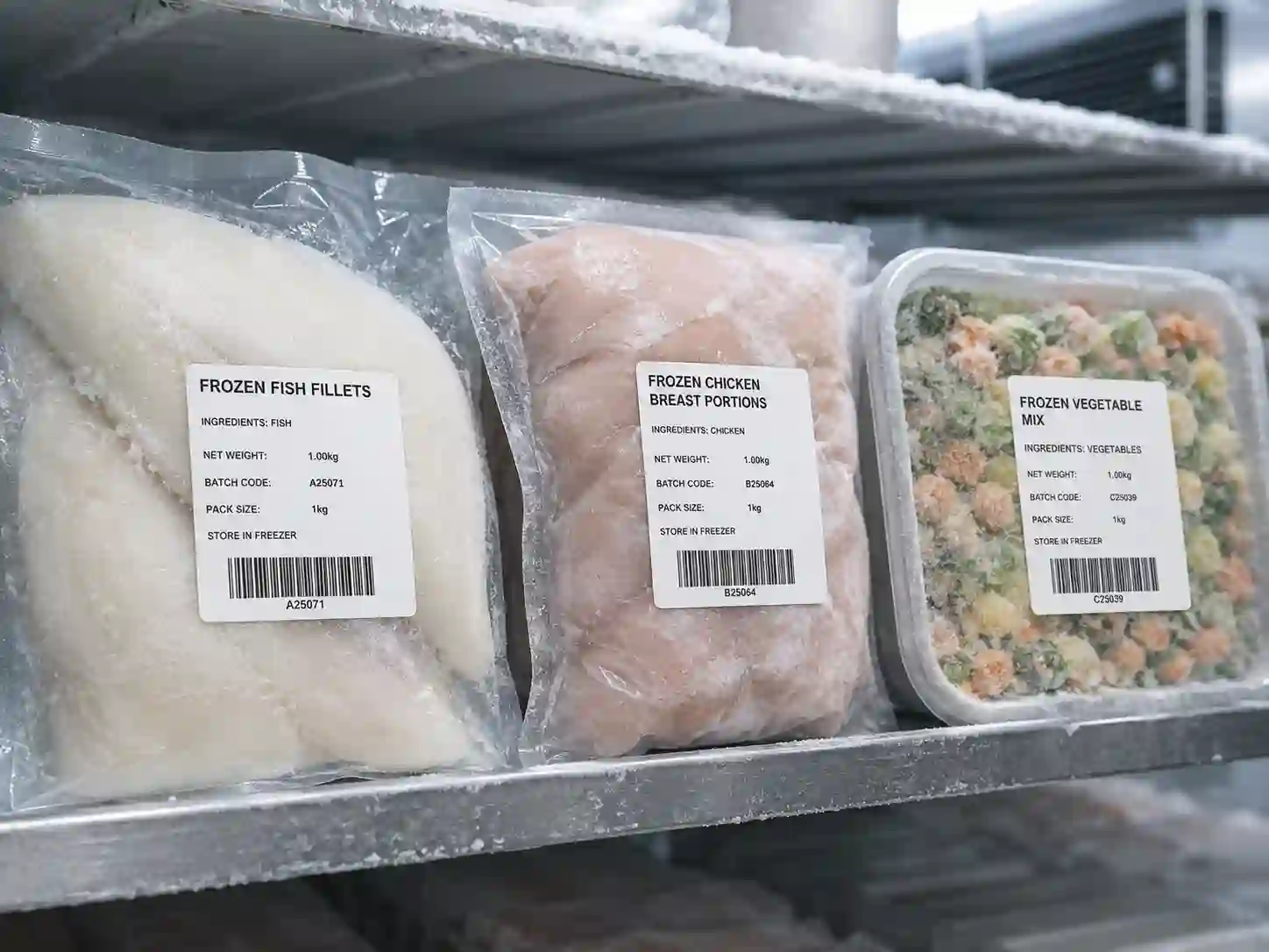 hypaper-freezer-thermal-labels-vacuum-sealed-frozen-food Hy paper moisture-proof thermal labels on vacuum-sealed frozen meat and seafood bags.