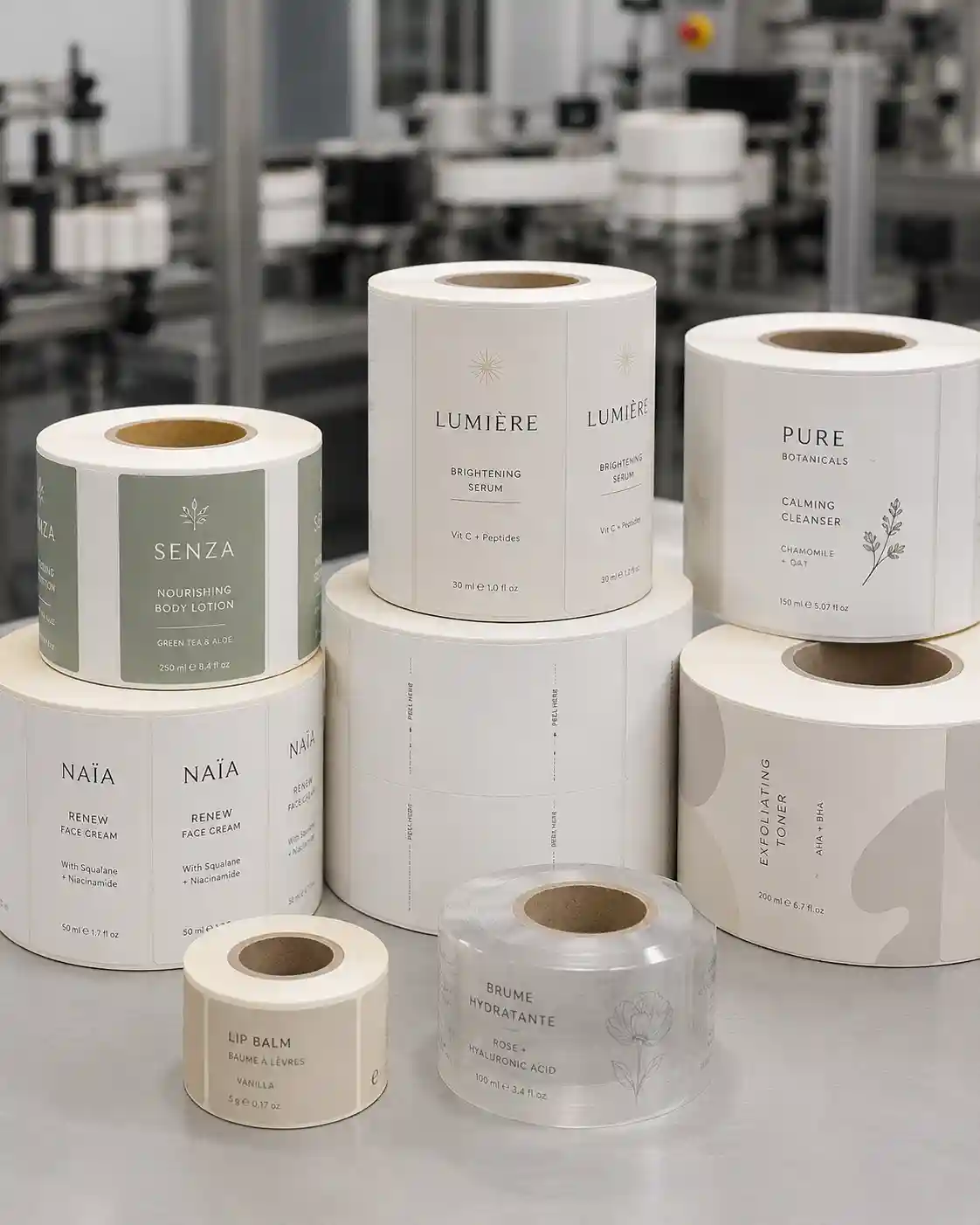 High-quality Hy paper cosmetic label rolls displayed in a label printing and packaging factory setup.