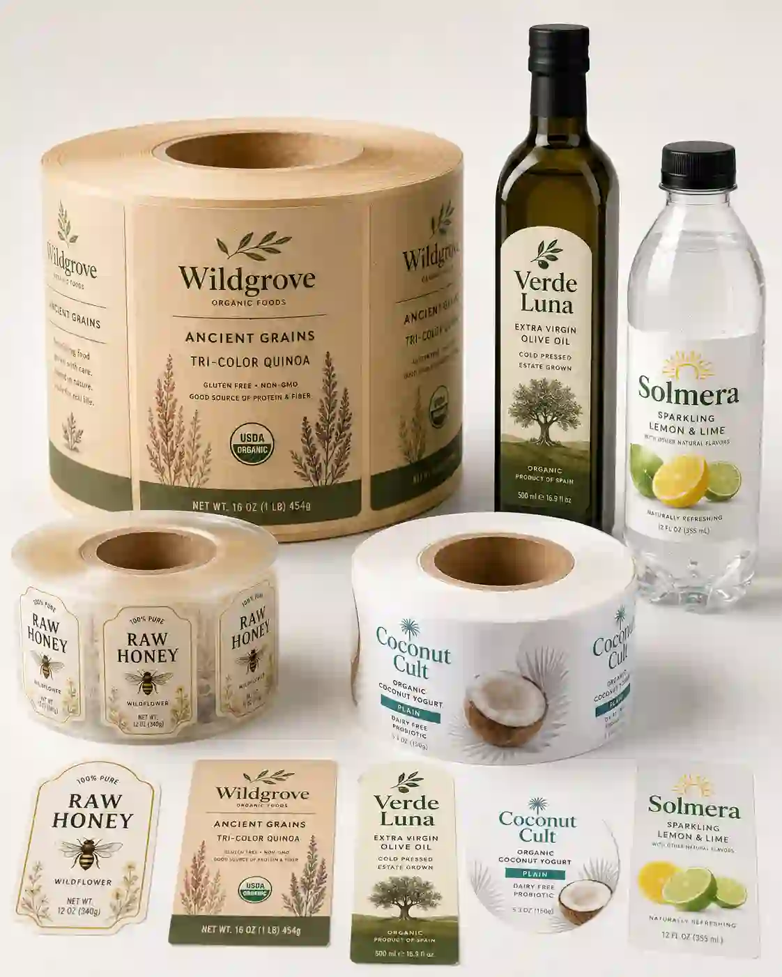 hypaper-kraft-and-white-food-label-rolls-manufacturer Assorted rolls of Hy paper eco-friendly kraft paper and white glossy food packaging labels.