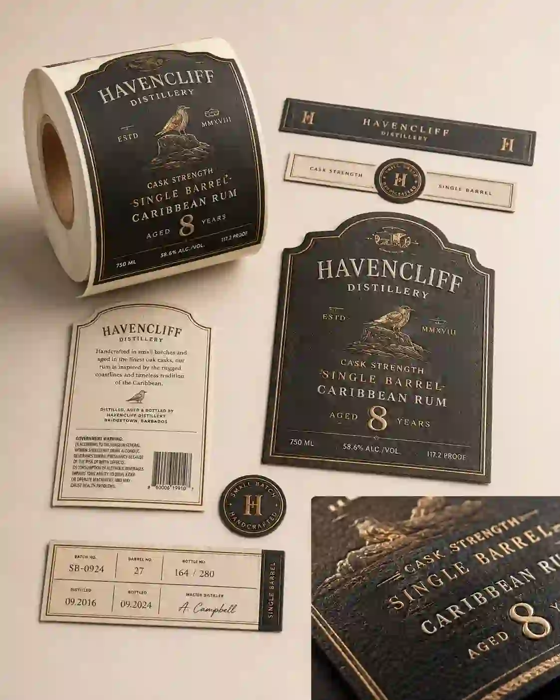 hypaper-luxury-black-and-gold-spirits-whiskey-labels Premium black and gold foil stamped whiskey and spirits labels by Hy paper.
