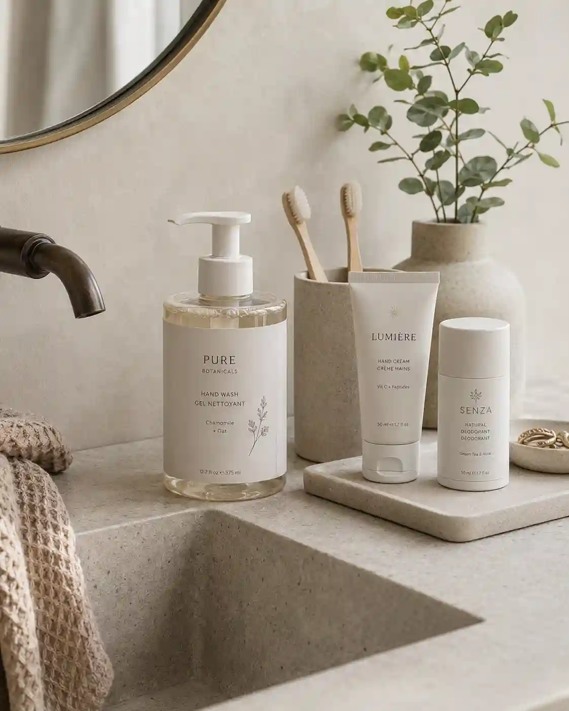 Minimalist Hy paper personal care labels on hand soap dispenser and lotion bottles by the sink.