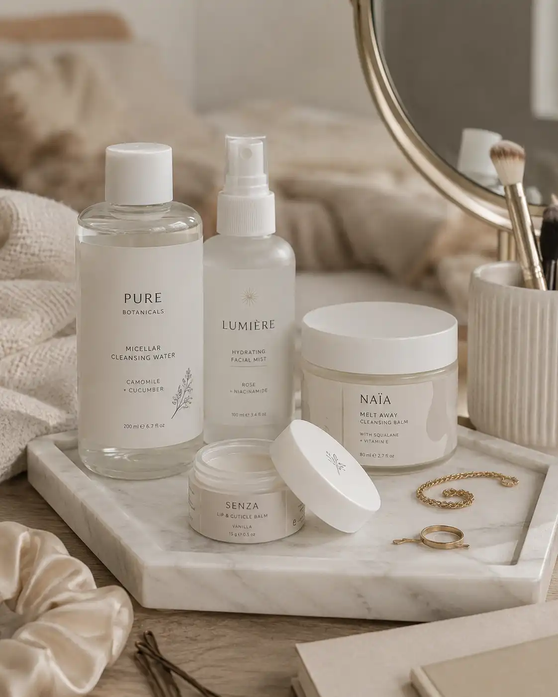 Elegant Hy paper aesthetic cosmetic labels on clear pump bottles and cream containers on a marble tray.
