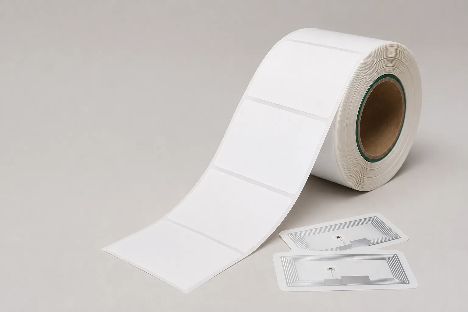 Roll of Hy paper printable RFID labels shown alongside transparent RFID wet inlays.