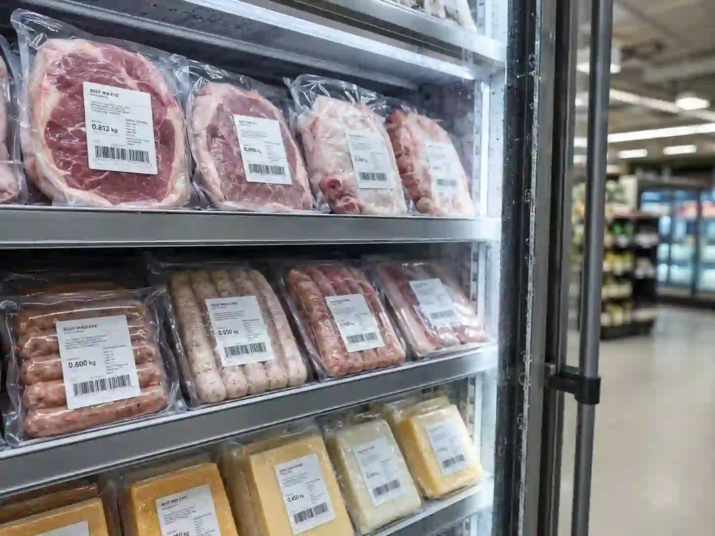 hypaper-refrigerated-display-case-meat-thermal-labels Packaged fresh meat products with Hy paper price labels on refrigerated supermarket shelves.