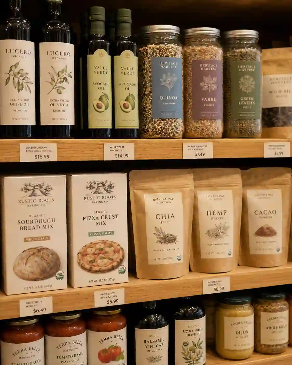 hypaper-retail-gourmet-food-shelf-packaging-labels Supermarket shelf displaying packaged organic grains, pasta boxes, and sauce jars with Hy paper labels.
