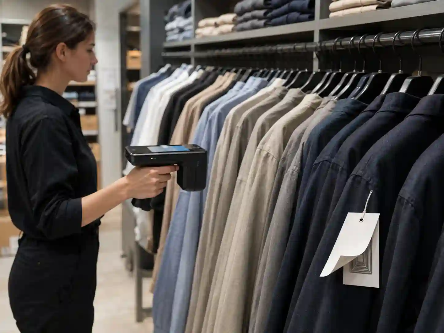 Store associate scanning clothing hanging tags using a handheld RFID reader with Hy paper smart labels.