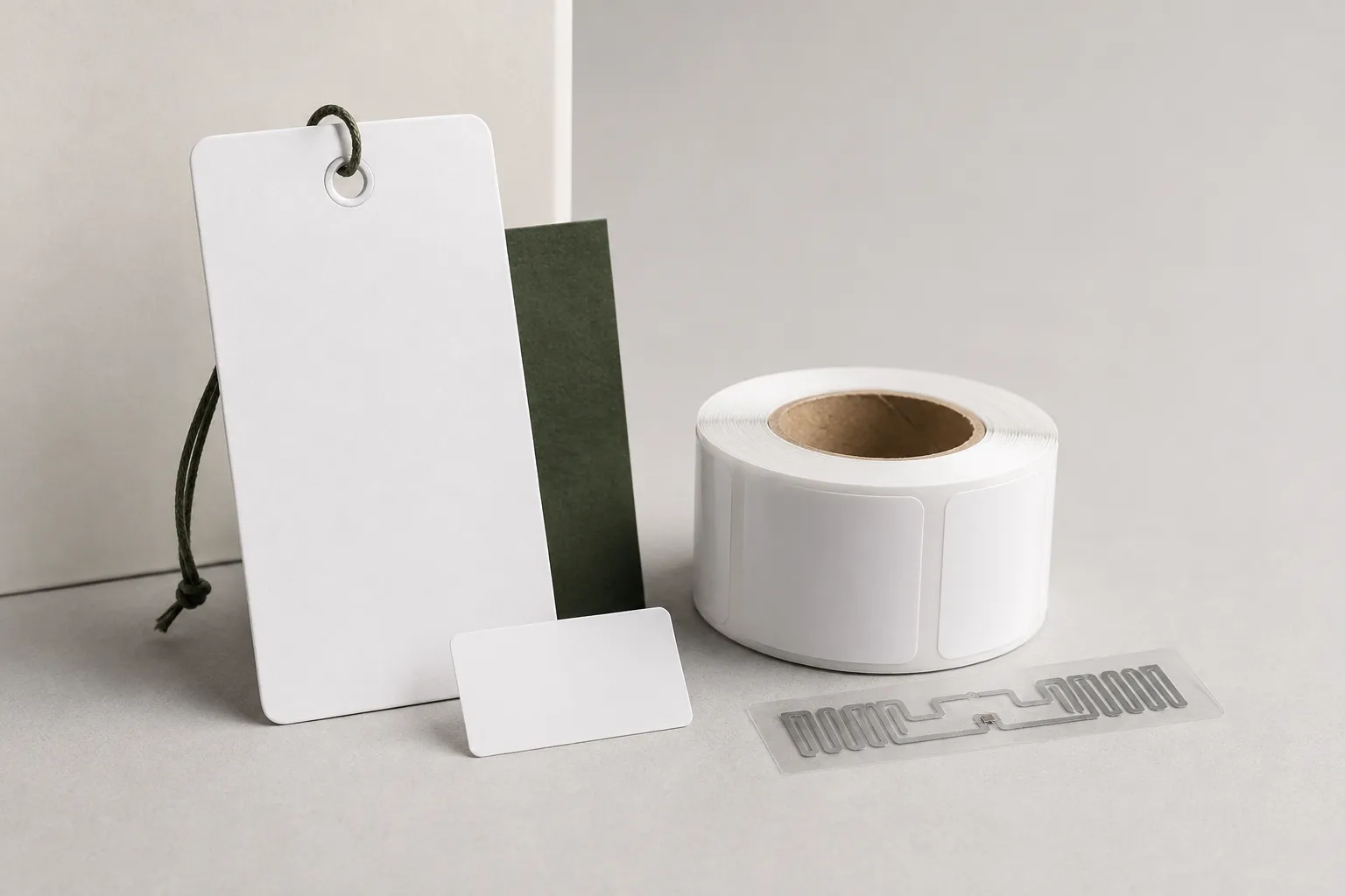 Hy paper blank RFID apparel hang tags and smart label roll display for garment labeling.