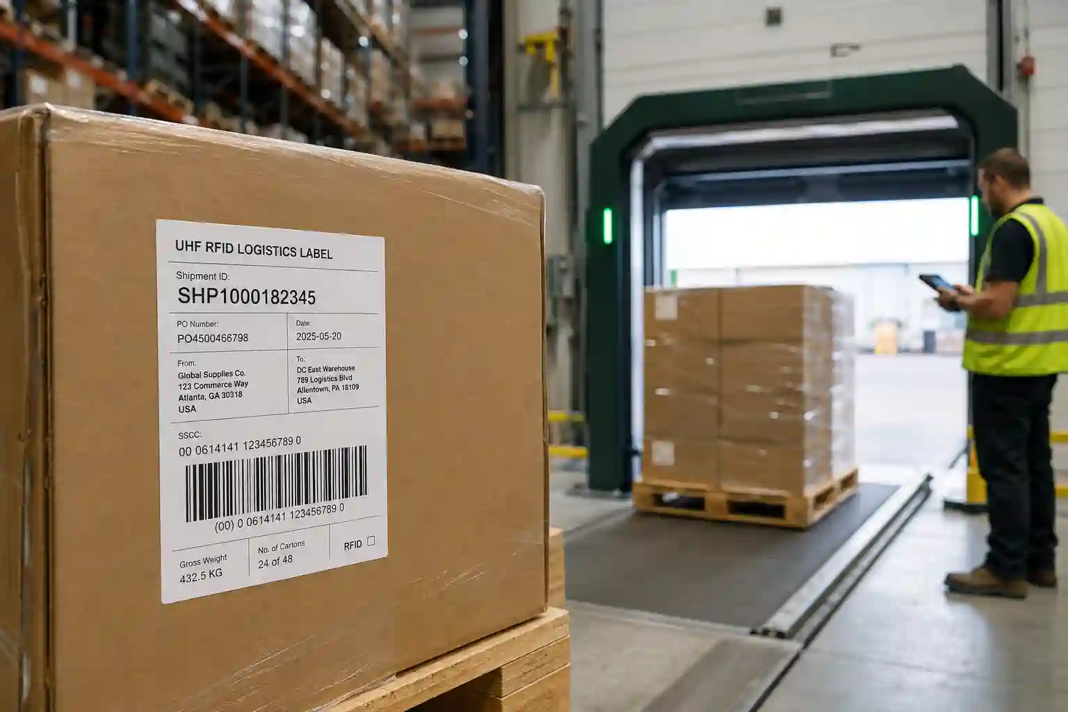 Shipping box with Hy paper integrated thermal RFID barcode shipping label at distribution center.