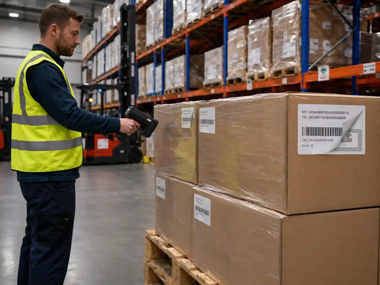 Warehouse worker using an RFID scanner to inspect carton boxes with Hy paper logistics RFID labels.