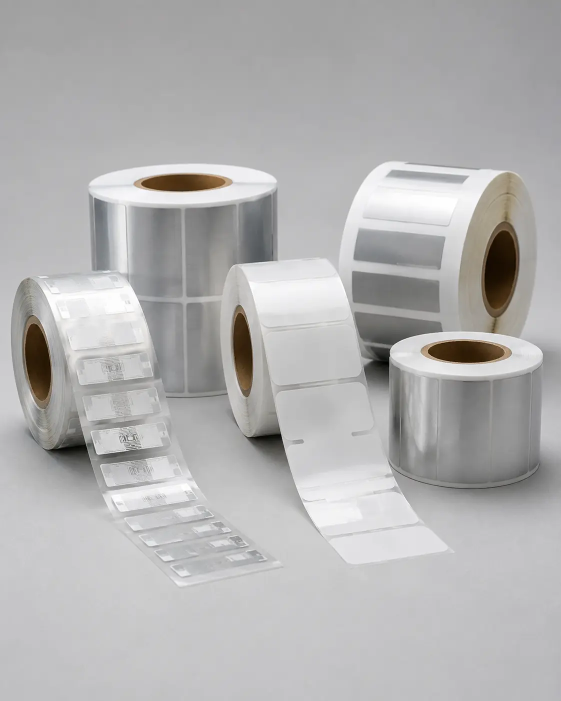 hypaper-silver-pet-durable-electronics-label-rolls Rolls of Hy paper durable silver metallic and white synthetic labels for electronic equipment.