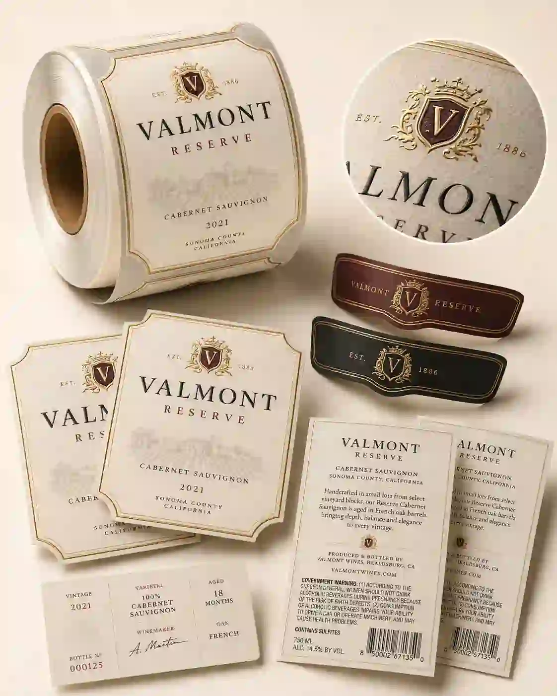 hypaper-textured-paper-wine-bottle-label-rolls Elegant cream-colored textured paper wine label rolls and die-cut bottle labels by Hy paper.