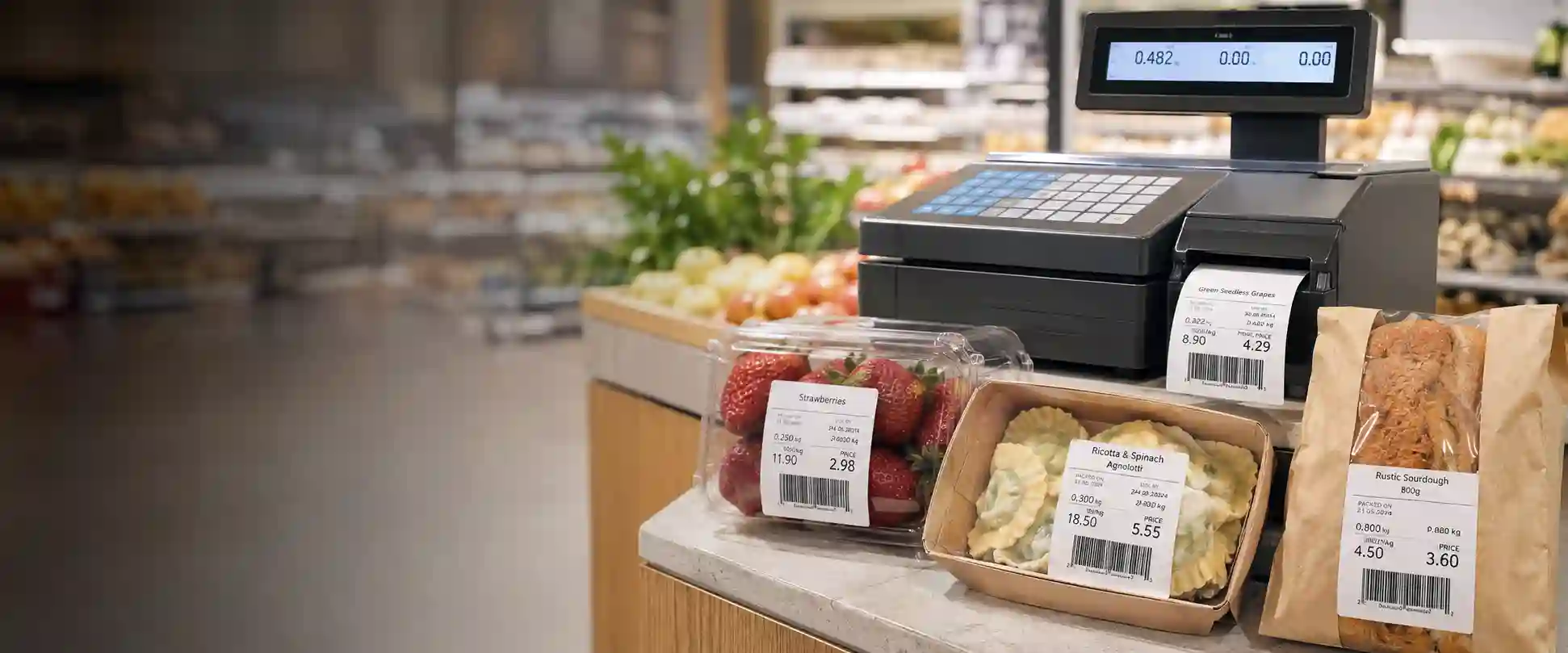 Prepackaged fresh produce and deli items with Hy paper barcode labels at scale counter.
