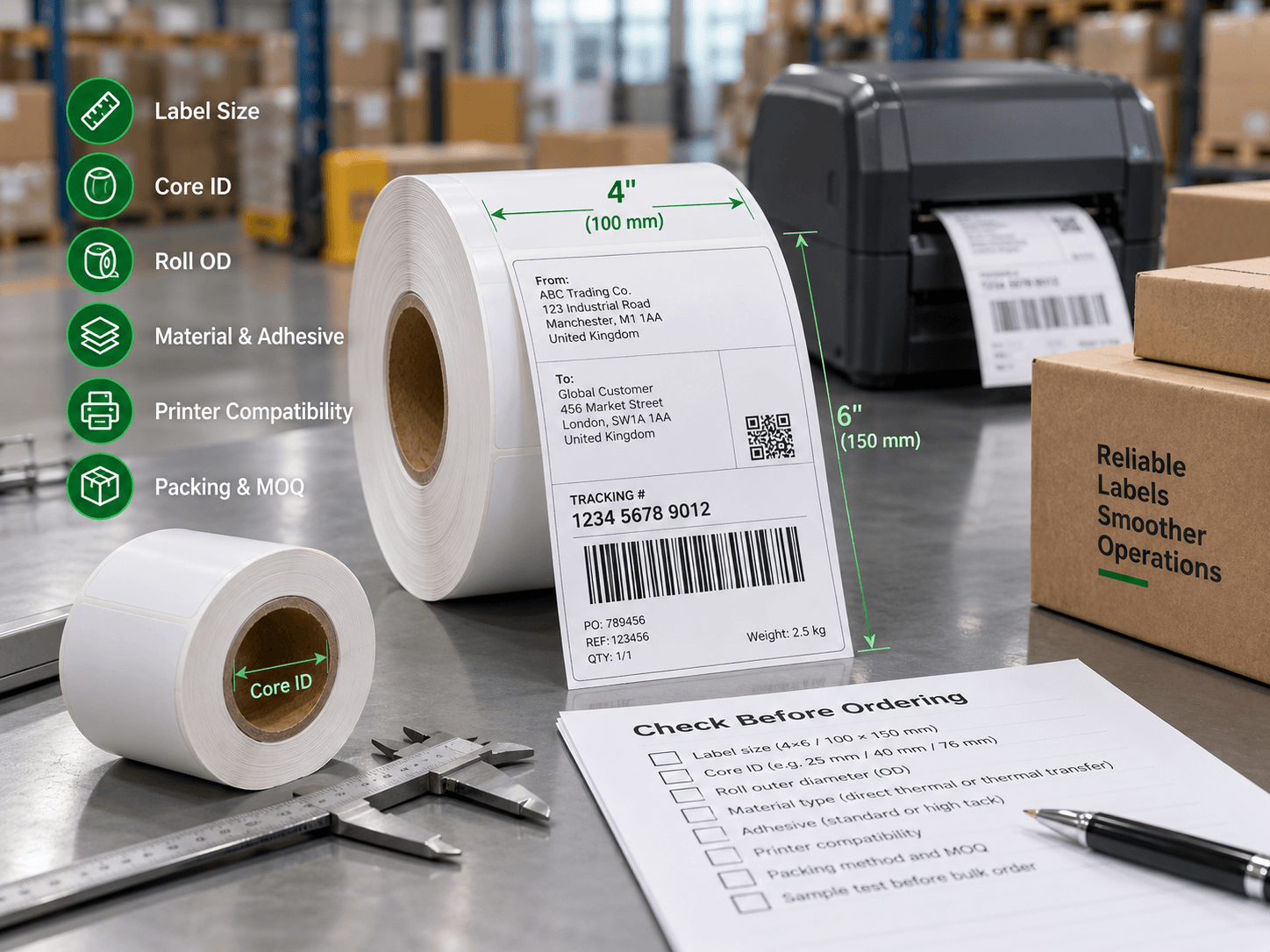 Thermal shipping label rolls beside a printer, with a buying checklist covering label size, core diameter, roll diameter, material and packaging.