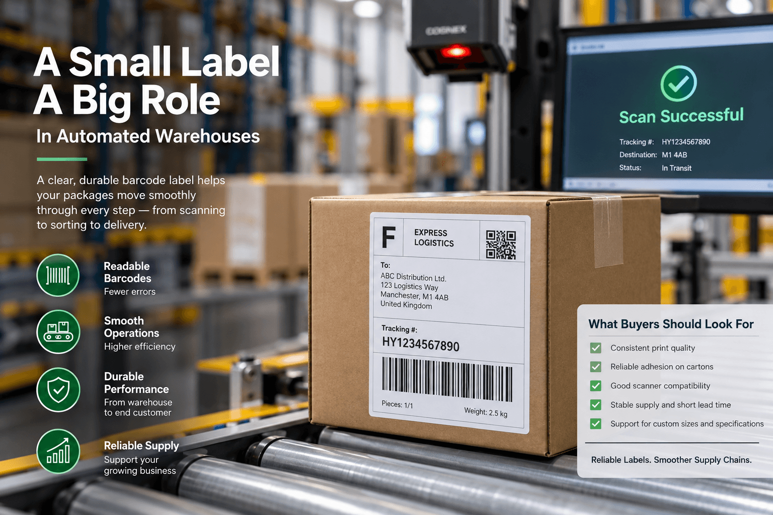 Illustration of a labelled carton passing beneath a fixed barcode scanner on a warehouse conveyor, with a successful scan shown on screen.