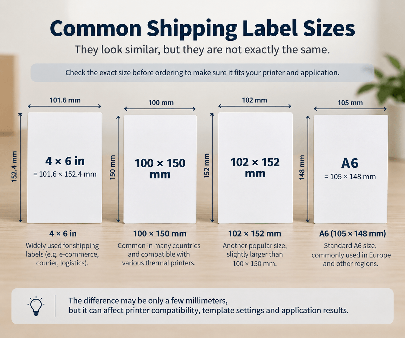 Shipping label size comparison: 4 × 6 inches (101.6 × 152.4 mm), 100 × 150 mm, 102 × 152 mm and A6 (105 × 148 mm).