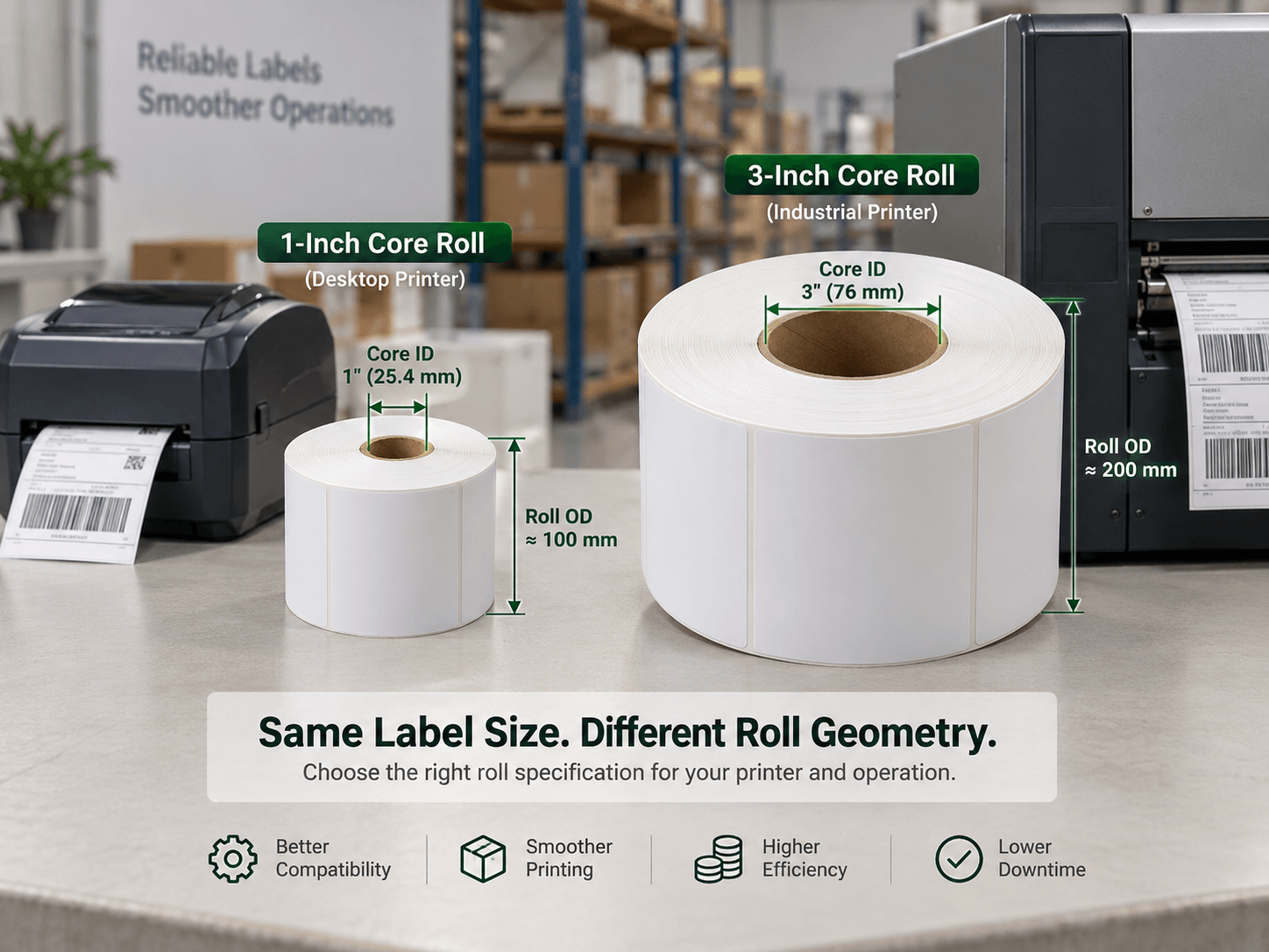 Two thermal label rolls with 1-inch and 3-inch cores shown beside desktop and industrial printers.