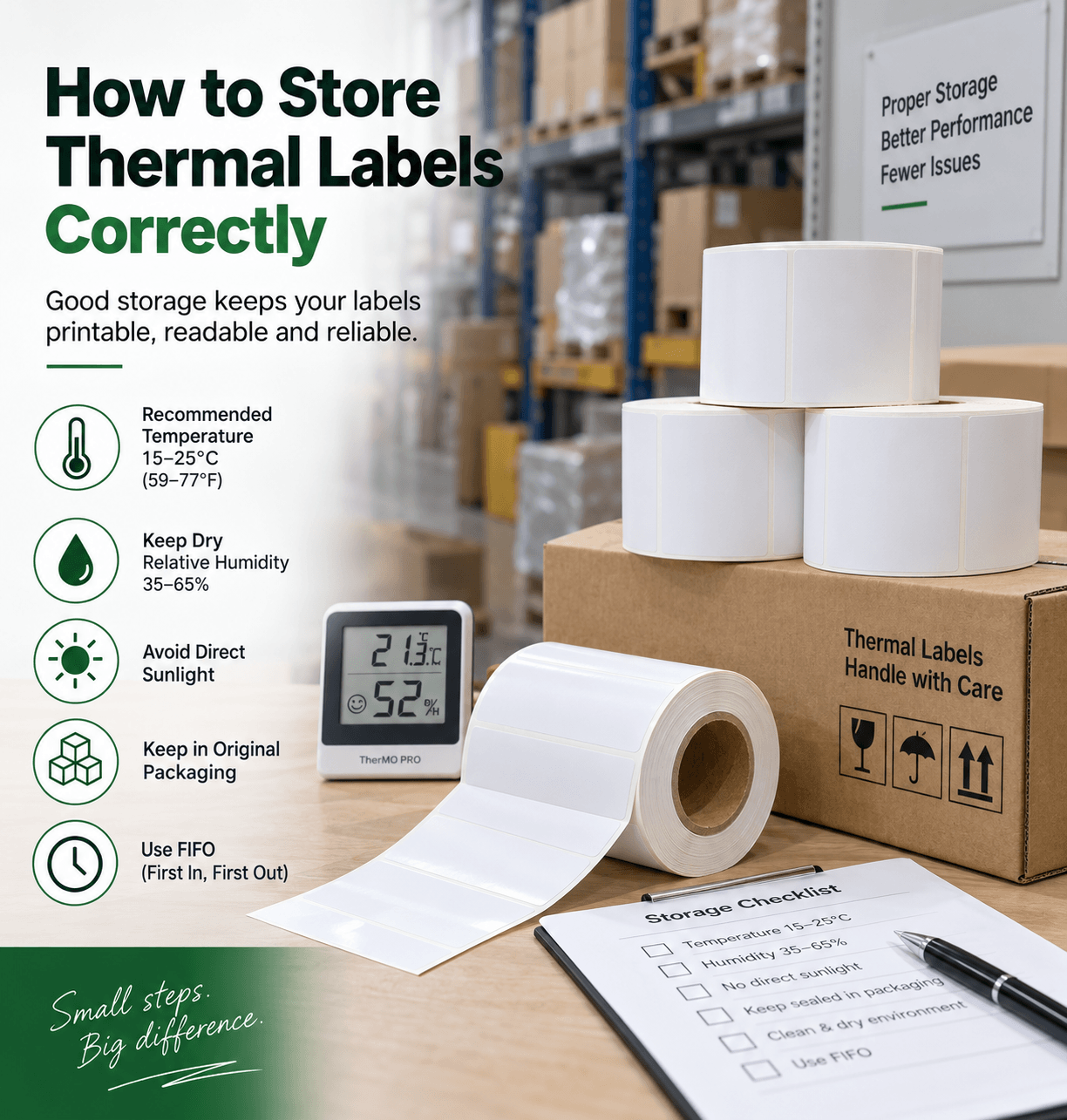 Thermal label rolls with a temperature and humidity monitor and storage guidance covering sunlight, original packaging and first-in, first-out stock rotation.