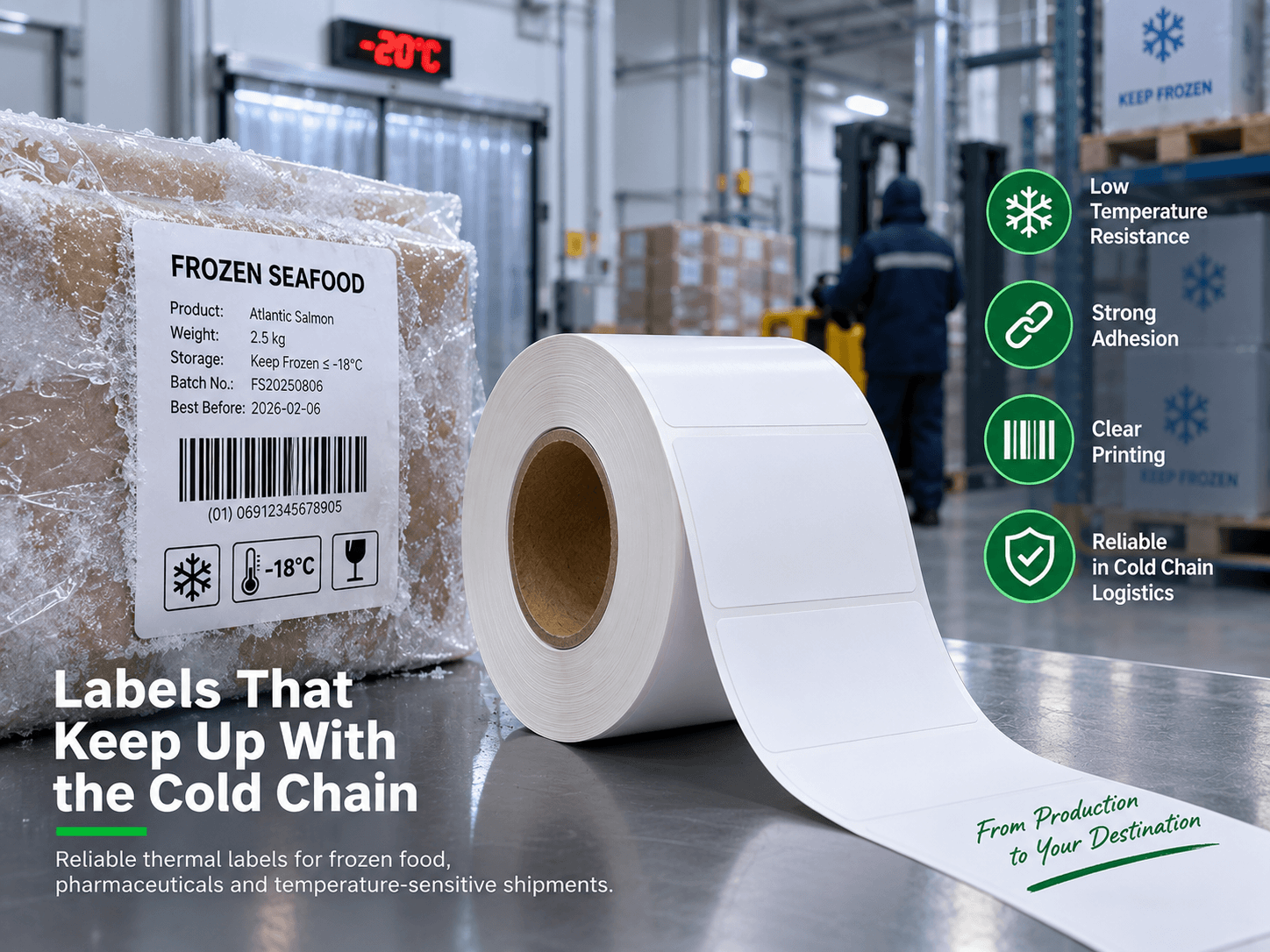 Illustration of a thermal label roll beside a frost-covered seafood carton in a cold store displaying −20°C.