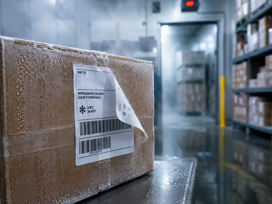 Label peeling off from a cardboard box due to condensation and frost in a cold storage facility.