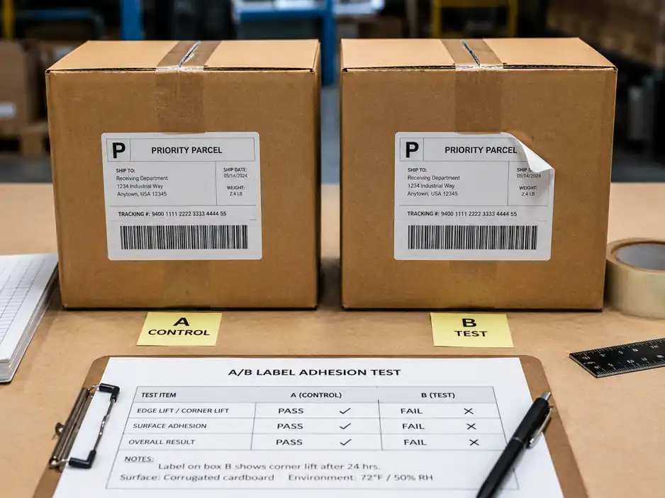Testing workbench comparing label adhesion performance on corrugated boxes with a test log sheet.