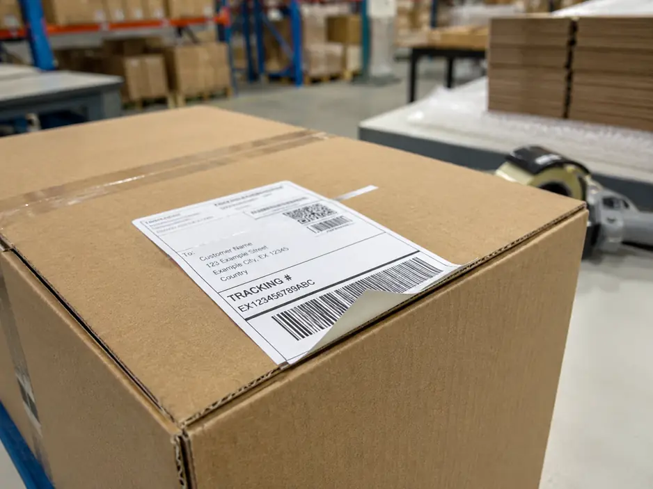 Shipping label edge lifting and peeling off from a corrugated cardboard box surface.