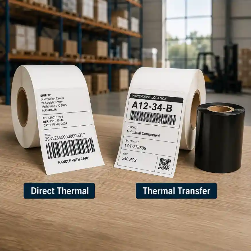 hypaper-direct-thermal-vs-thermal-transfer-labels-comparison Direct thermal versus thermal transfer label rolls comparison in a warehouse setting.
