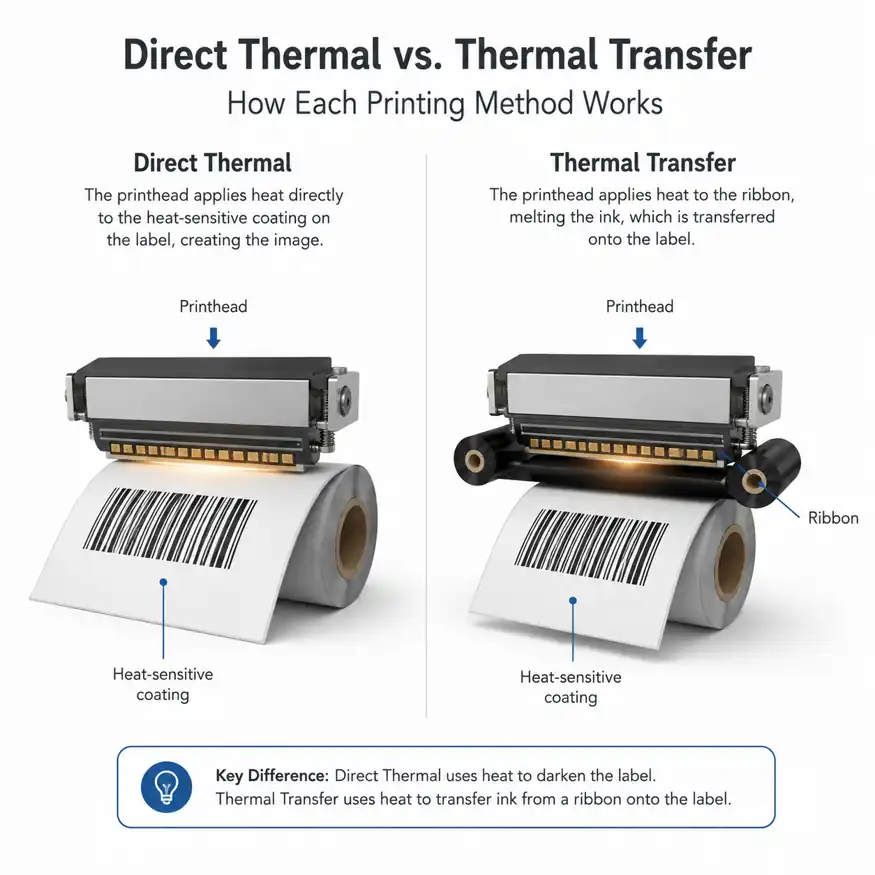 hypaper-direct-thermal-vs-thermal-transfer-working-principle-diagram Technical diagram explaining how direct thermal and thermal transfer printing methods work.