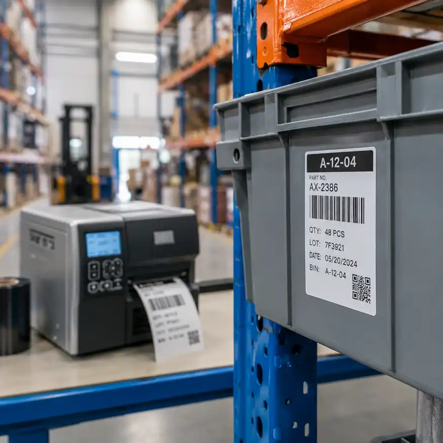 hypaper-industrial-barcode-printer-bin-labeling-warehouse-rack Industrial barcode printer and bin label applied on a warehouse storage rack.