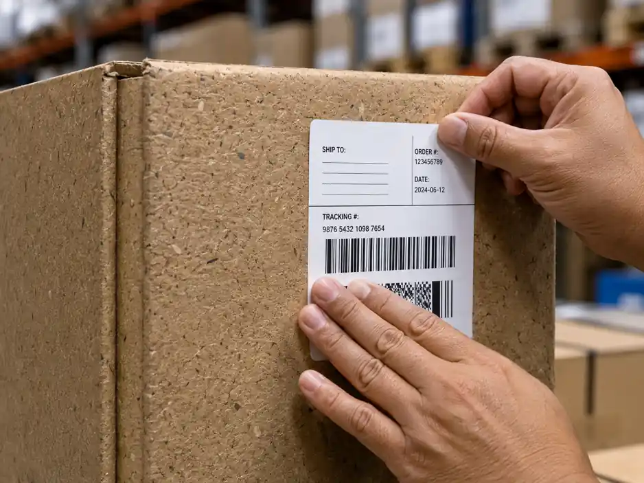 Warehouse operator applying a pressure-sensitive adhesive label onto a corrugated carton.