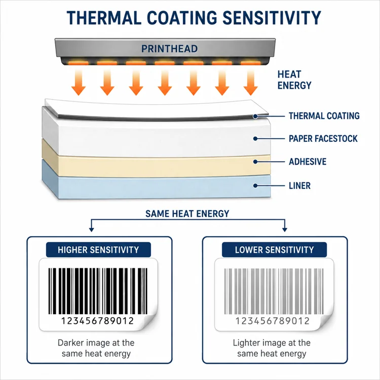 hypaper-thermal-coating-sensitivity-layer-structure-diagram Technical diagram illustrating printhead heat transfer across thermal coating, paper facestock, adhesive, and liner layers.