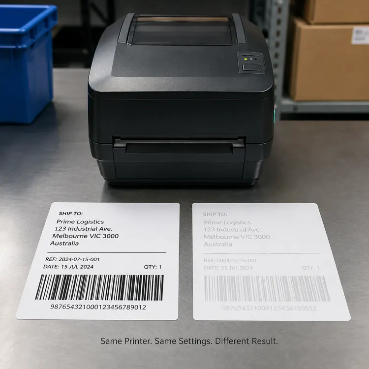 hypaper-thermal-label-coating-sensitivity-print-contrast Direct thermal label print comparison showing dark versus faint barcode under identical printer settings.