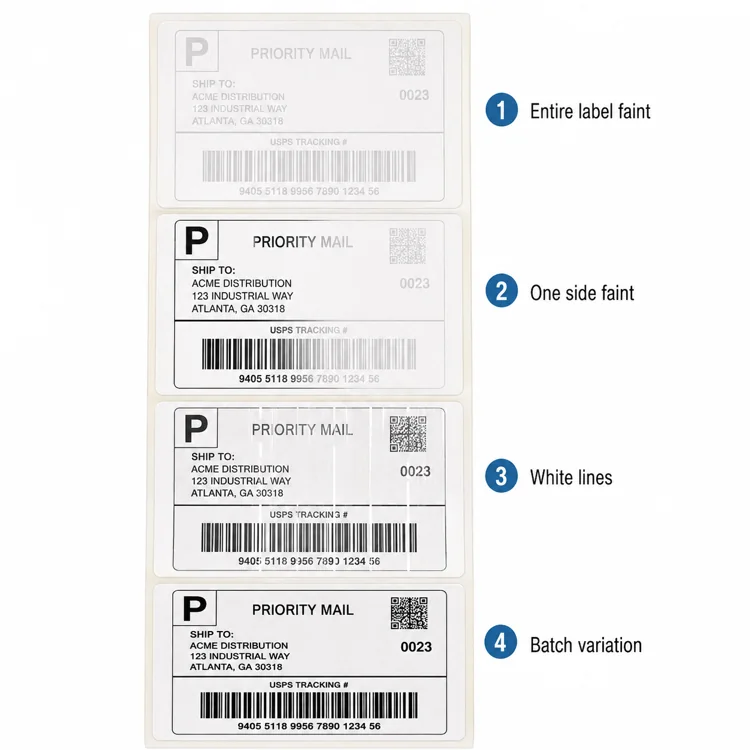 hypaper-thermal-label-printing-defects-troubleshooting Guide to four thermal printing issues: entire label faint, one side faint, white lines, and batch variation.