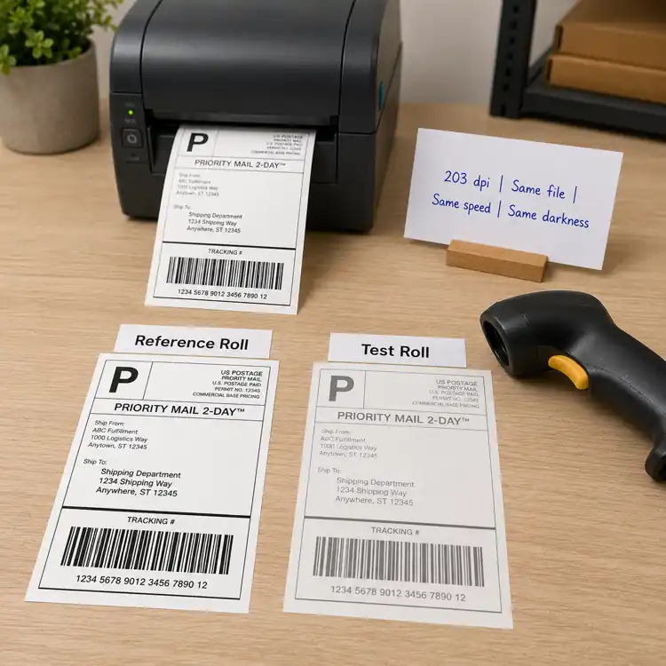 hypaper-thermal-label-reference-test-roll-barcode-scan Benchmarking reference roll against test roll with a desktop thermal printer and barcode scanner.