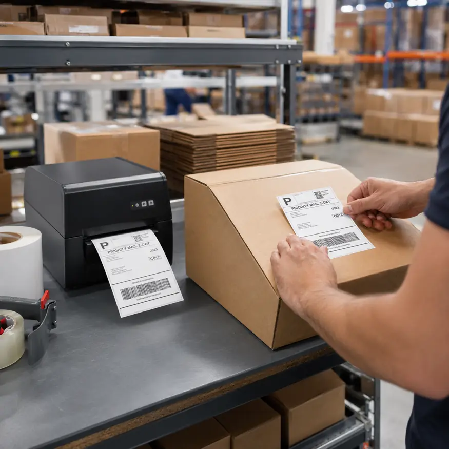hypaper-warehouse-operator-applying-shipping-label-printer Warehouse operator applying a barcode shipping label onto a corrugated carton box.